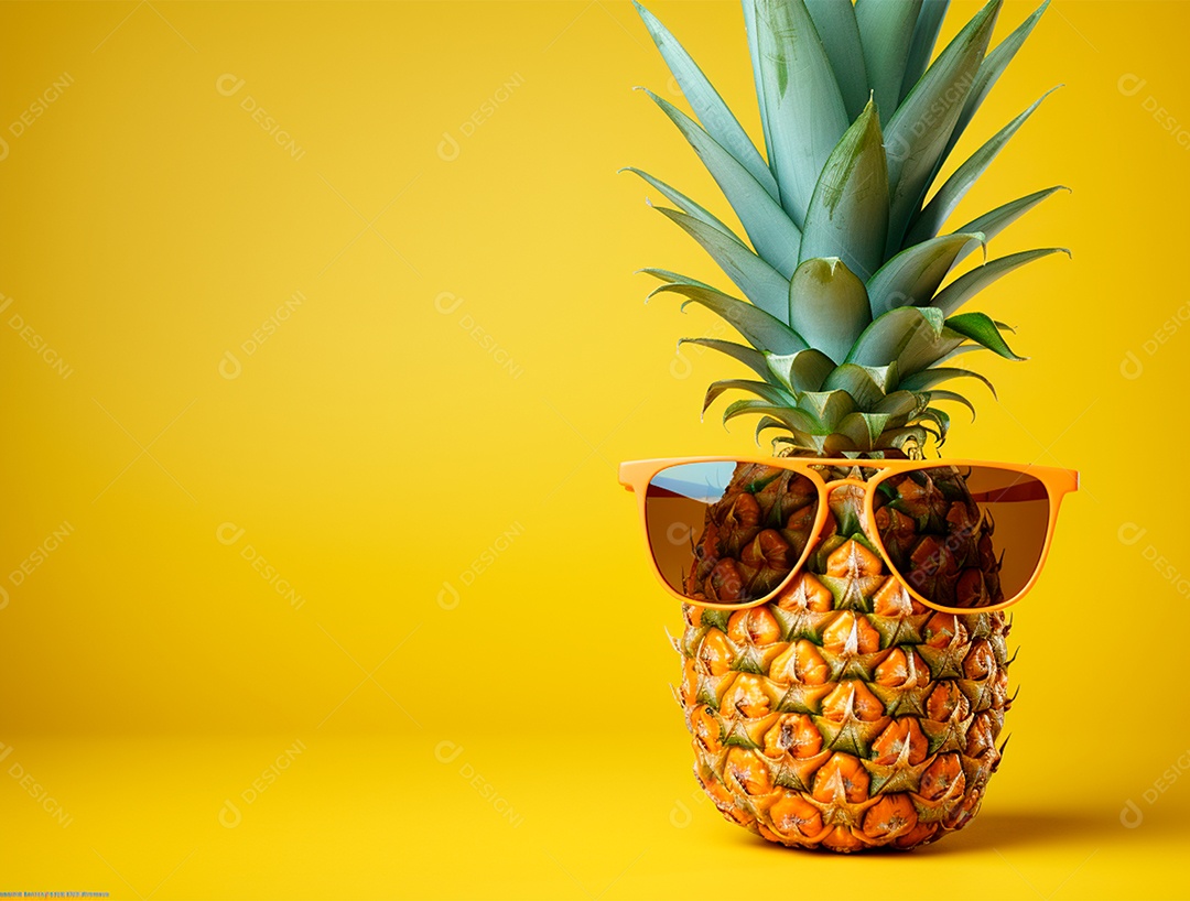 Abacaxi engraçado com óculos em fundo colorido