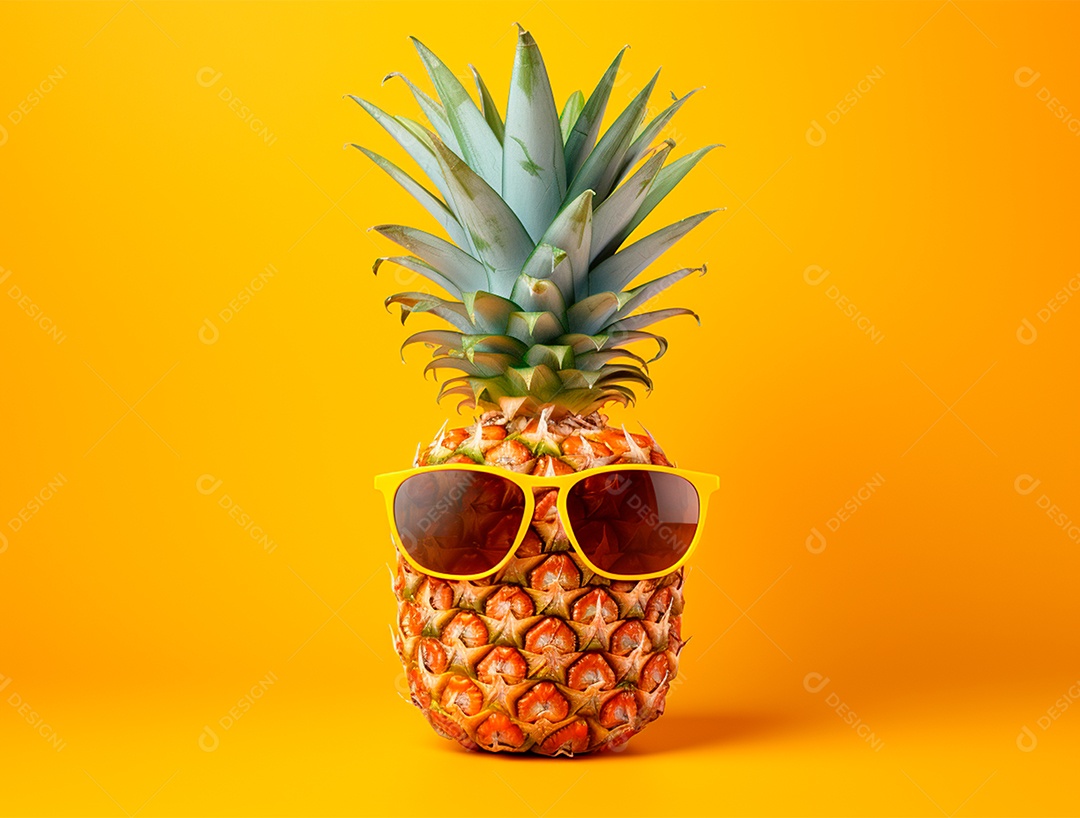 Abacaxi engraçado com óculos em fundo colorido