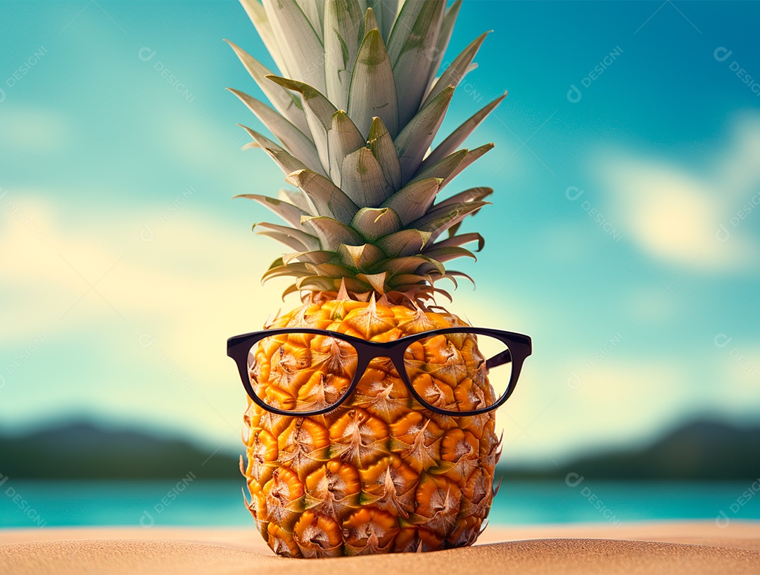 Abacaxi engraçado com óculos em fundo colorido