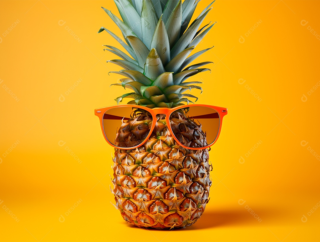 Abacaxi engraçado com óculos em fundo colorido