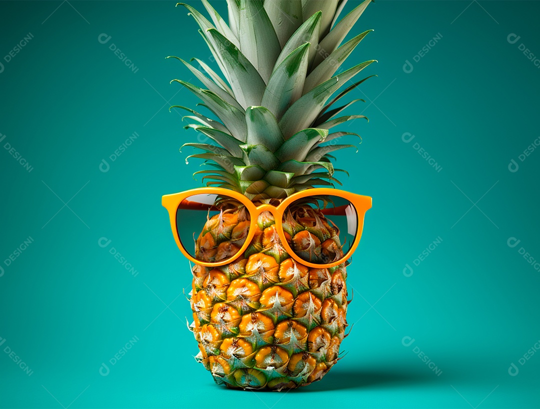 Abacaxi engraçado com óculos em fundo colorido
