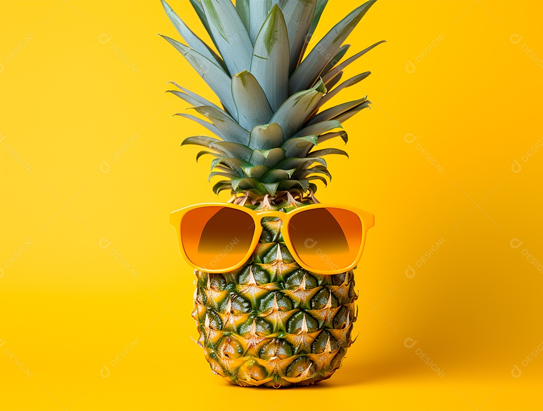 Abacaxi engraçado com óculos em fundo colorido