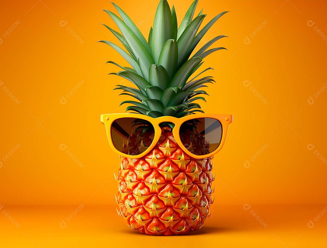 Abacaxi engraçado com óculos em fundo colorido
