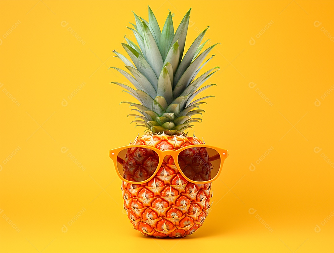 Abacaxi engraçado com óculos em fundo colorido