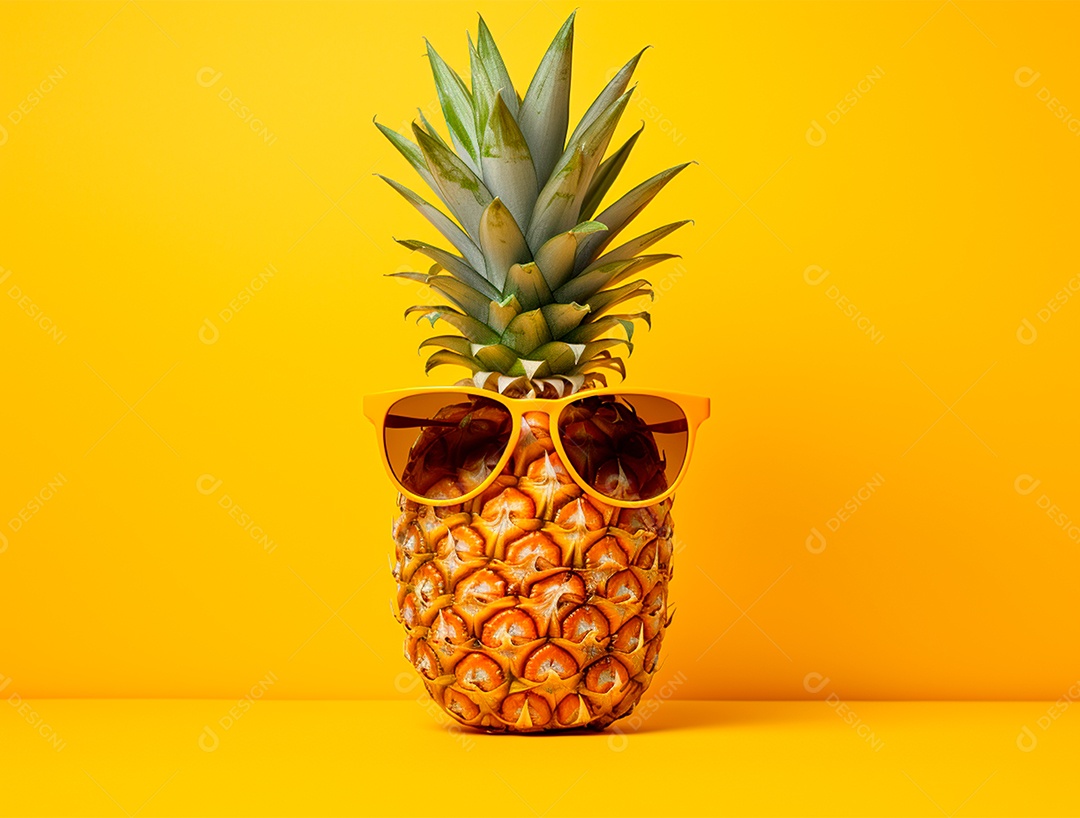 Abacaxi engraçado com óculos em fundo colorido