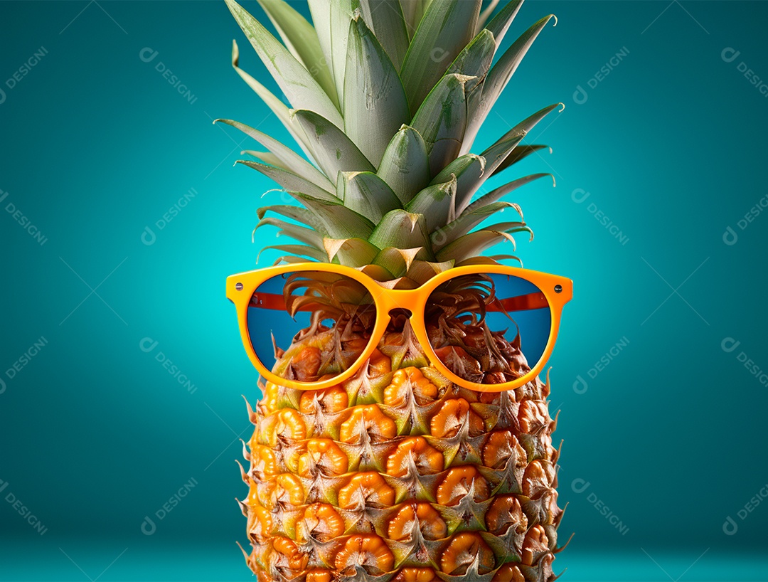 Abacaxi engraçado com óculos em fundo colorido