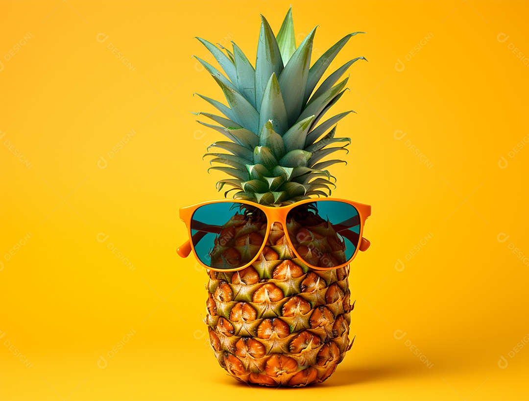 Abacaxi engraçado com óculos em fundo colorido