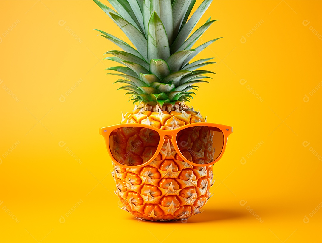 Abacaxi engraçado com óculos em fundo colorido