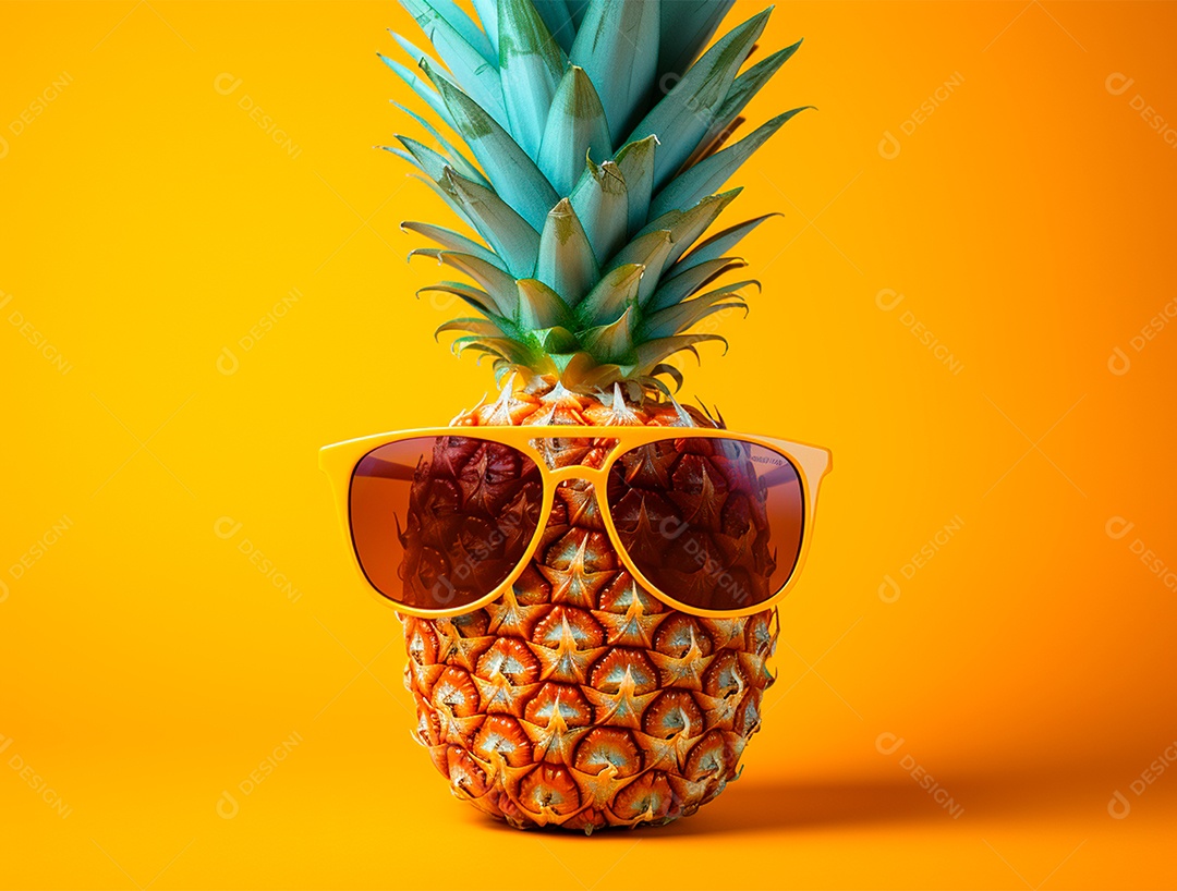 Abacaxi engraçado com óculos em fundo colorido