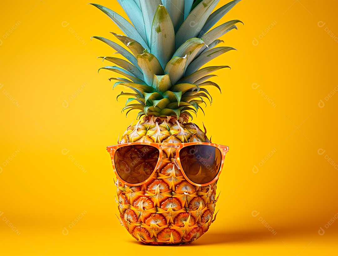 Abacaxi engraçado com óculos em fundo colorido