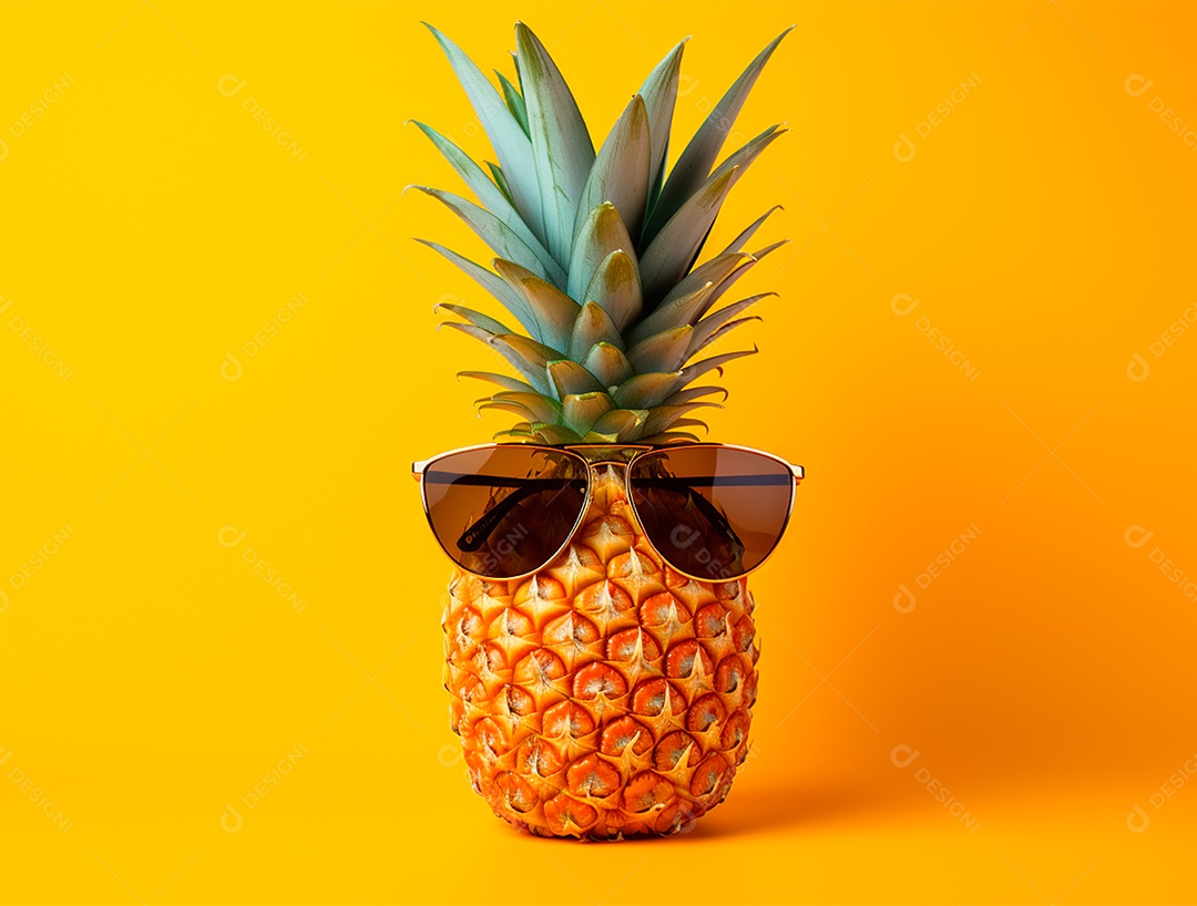 Abacaxi engraçado com óculos em fundo colorido