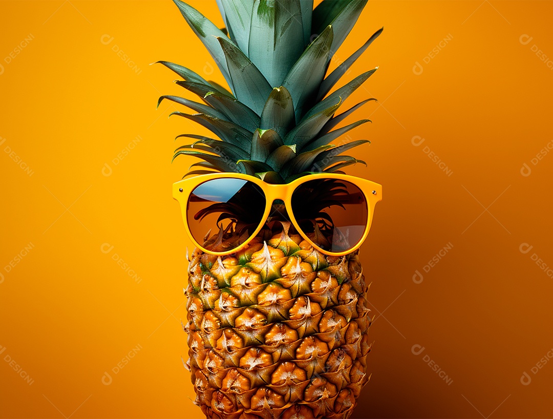 Abacaxi engraçado com óculos em fundo colorido