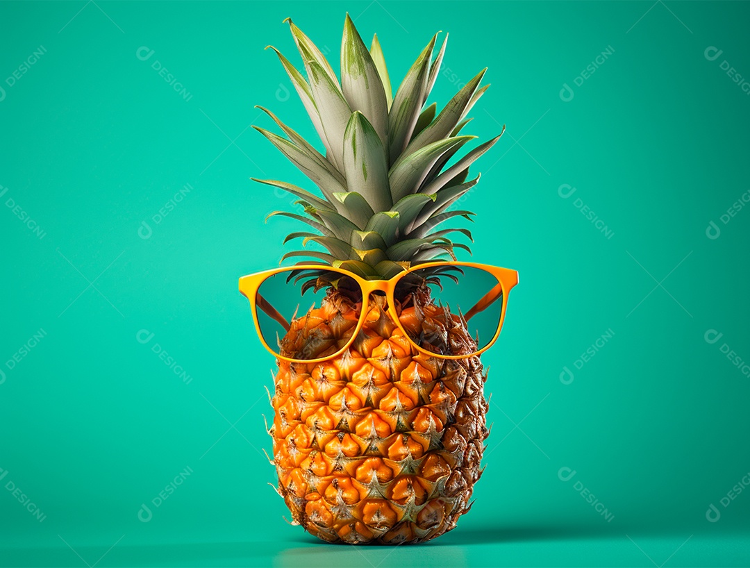 Abacaxi engraçado com óculos em fundo colorido