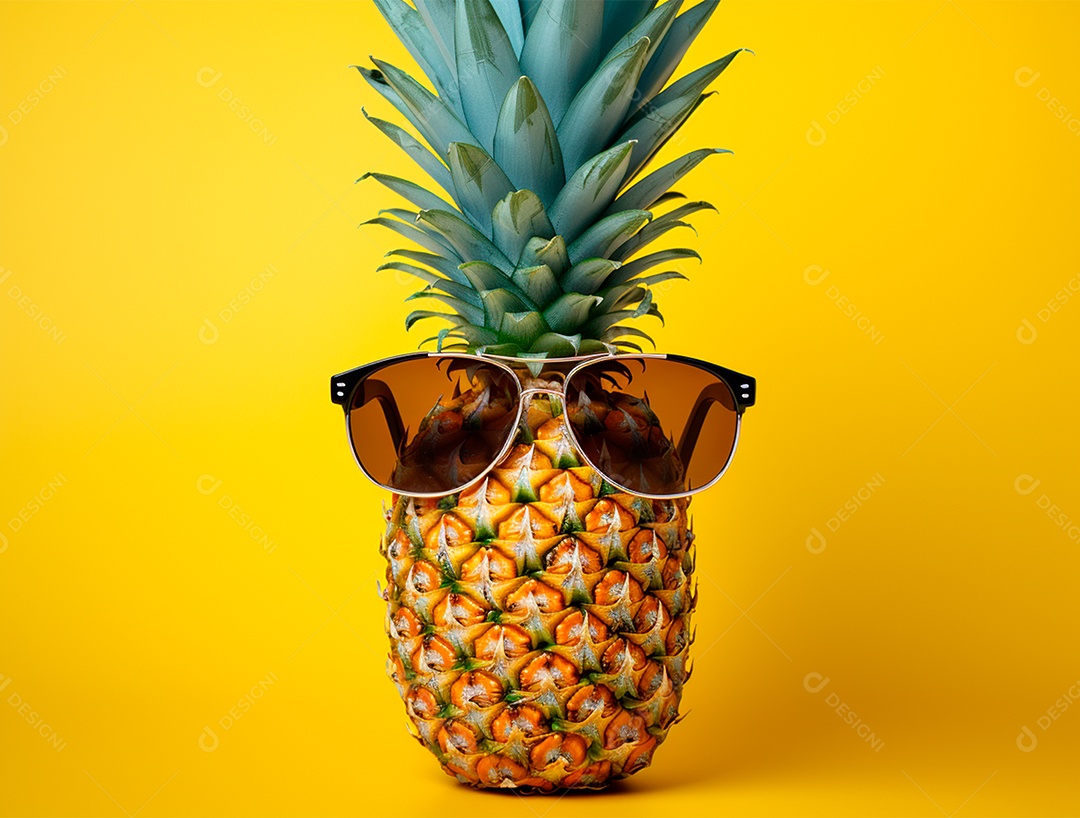 Abacaxi engraçado com óculos em fundo colorido