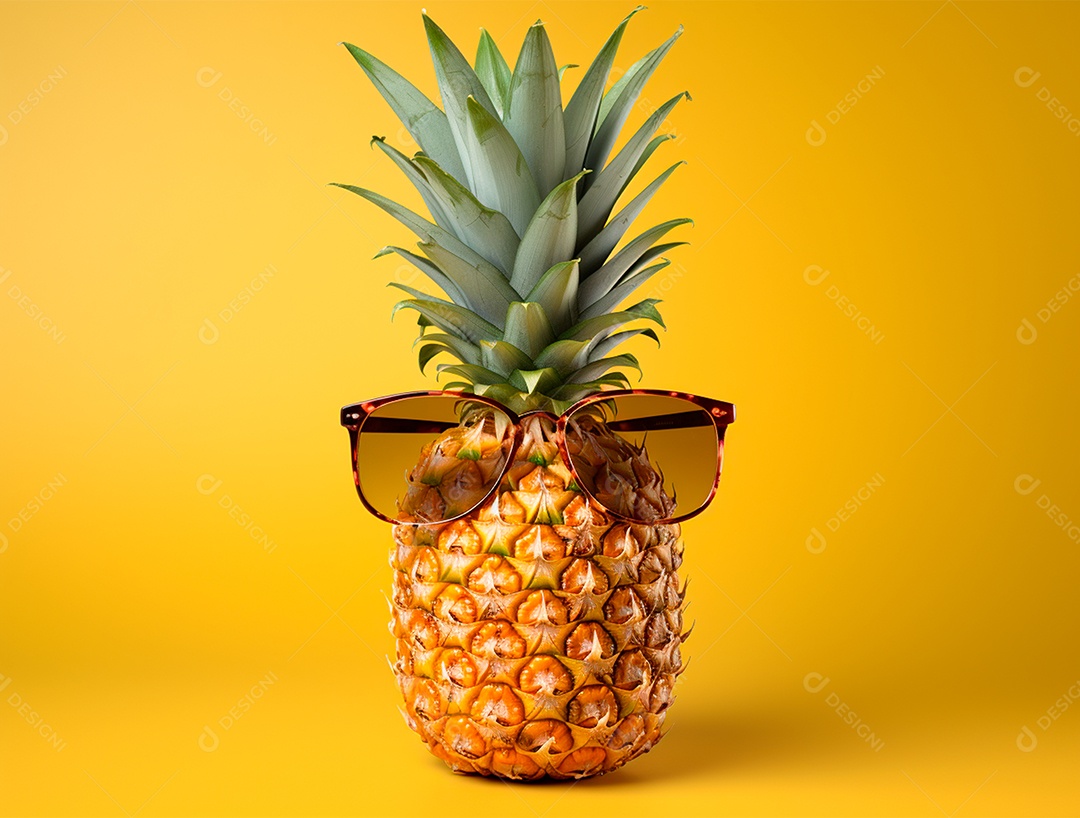 Abacaxi engraçado com óculos em fundo colorido