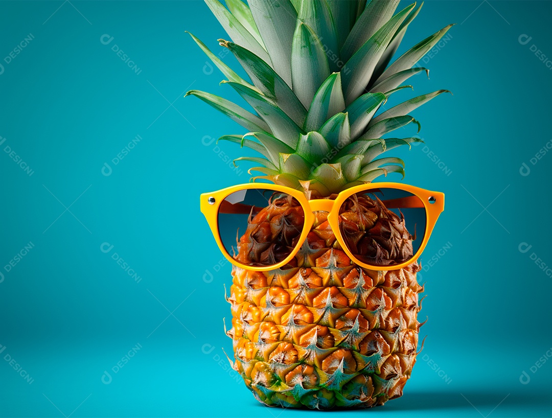 Abacaxi engraçado com óculos em fundo colorido