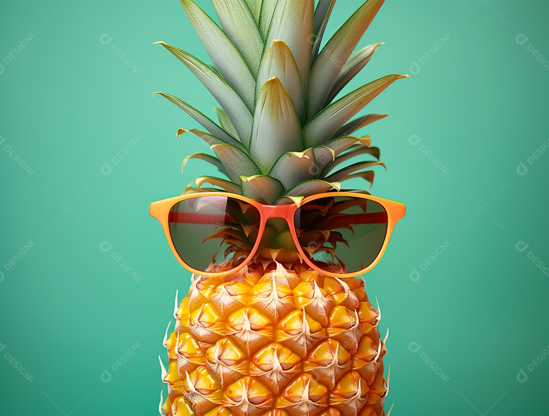 Abacaxi engraçado com óculos em fundo colorido