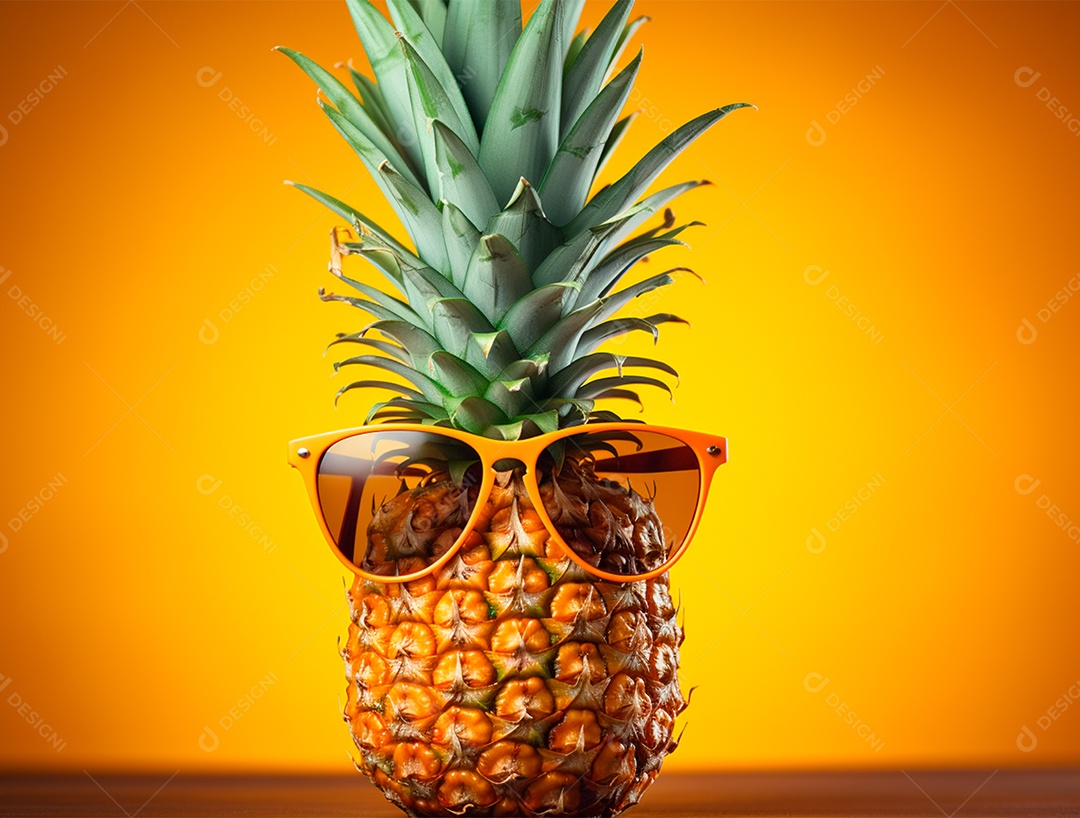 Abacaxi engraçado com óculos em fundo colorido