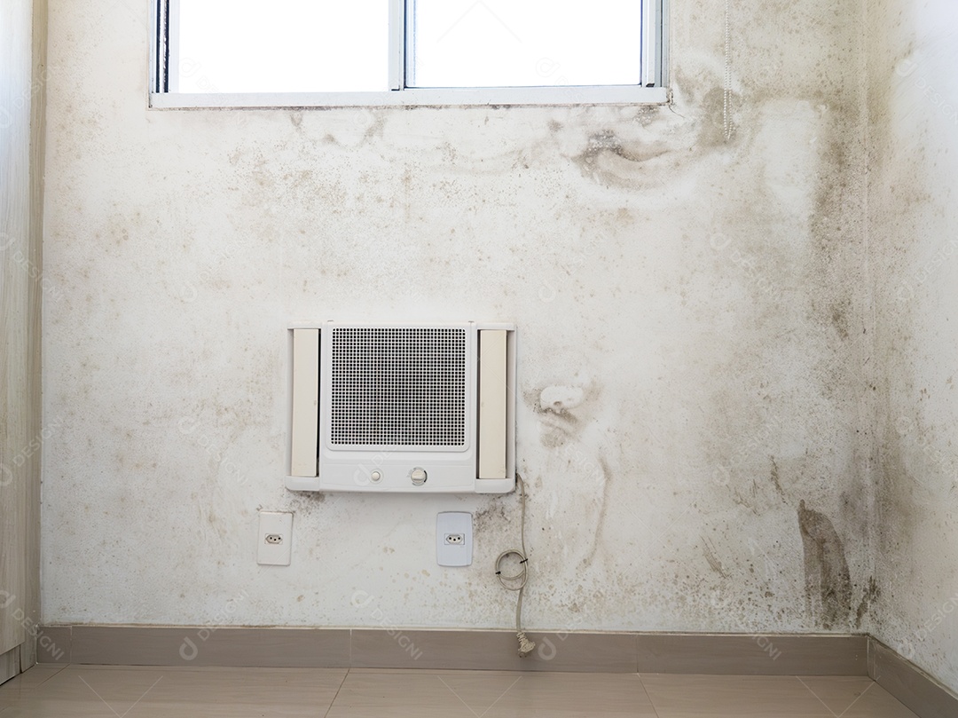 Parede branca do quarto com mofo e fungos
