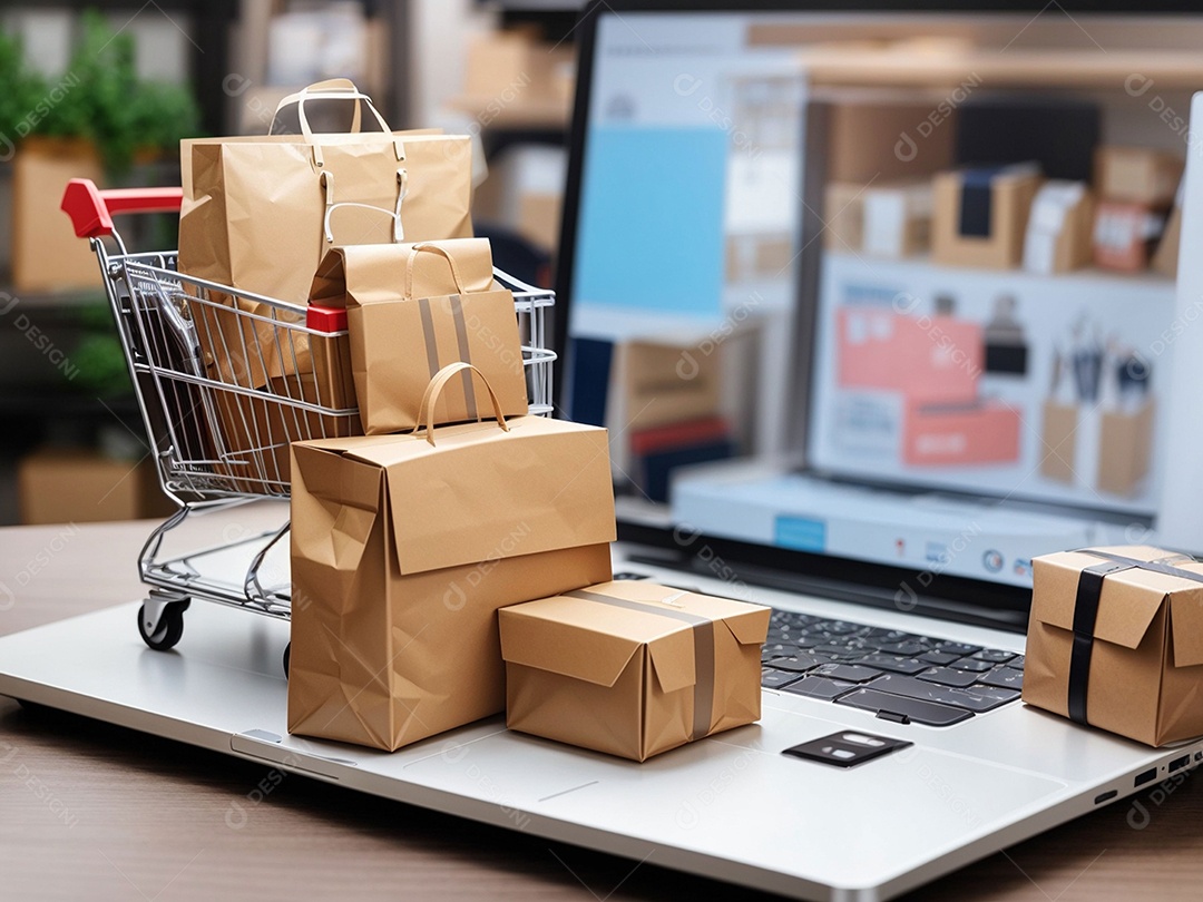 Caixas de embalagem de produtos e sacola de compras e carrinho na parte superior do laptop