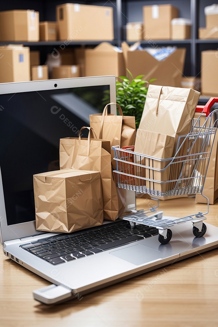 Caixas de embalagem de produtos e sacola de compras e carrinho na parte superior do laptop