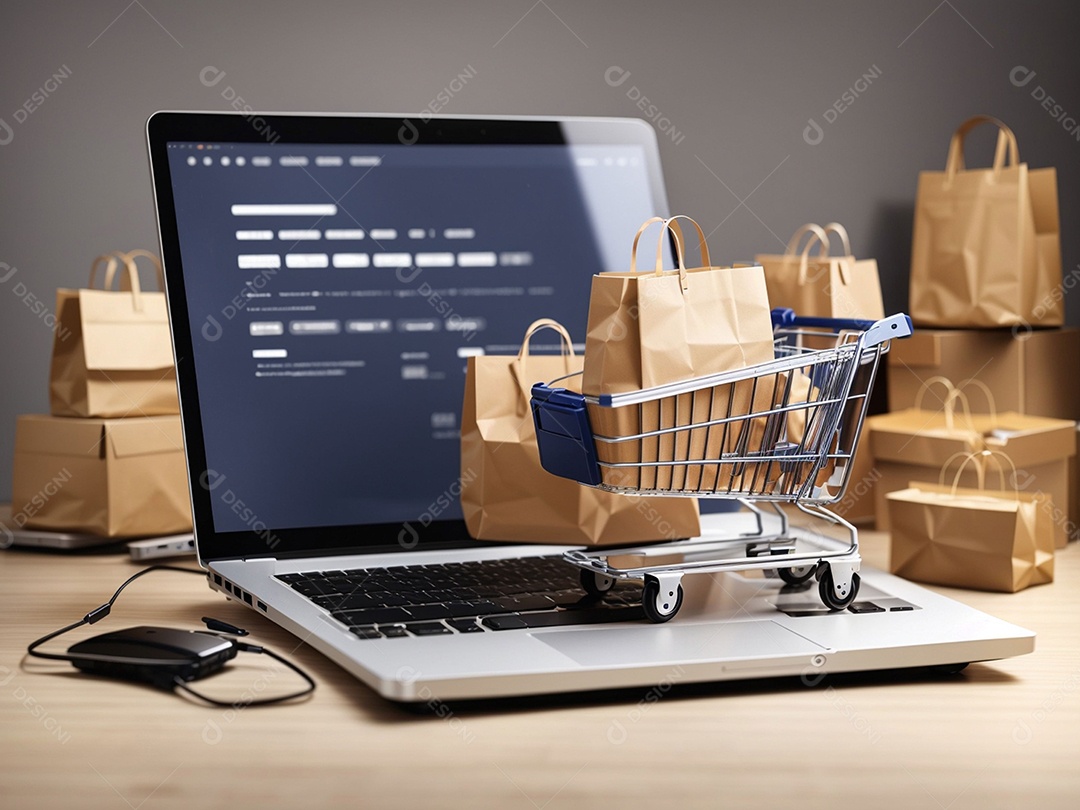 Caixas de embalagem de produtos e sacola de compras e carrinho na parte superior do laptop