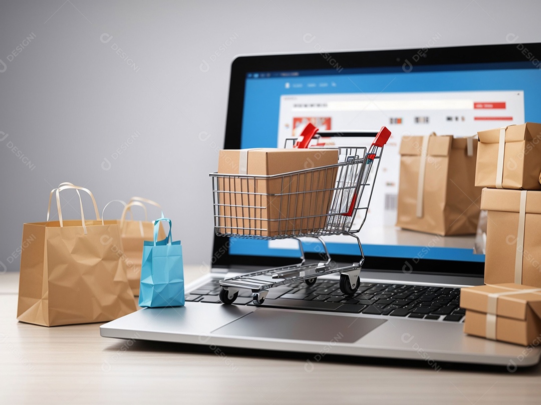 Caixas de embalagem de produtos e sacola de compras e carrinho na parte superior do laptop