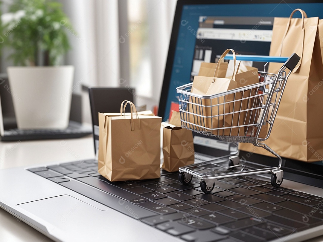 Caixas de embalagem de produtos e sacola de compras e carrinho na parte superior do laptop