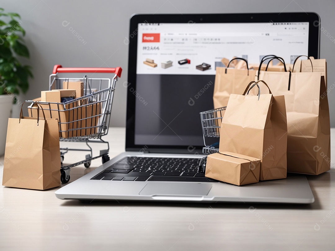 Caixas de embalagem de produtos e sacola de compras e carrinho na parte superior do laptop