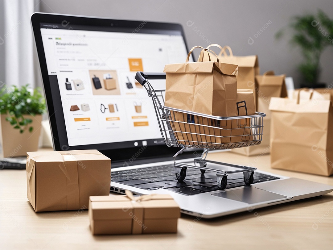 Caixas de embalagem de produtos e sacola de compras e carrinho na parte superior do laptop