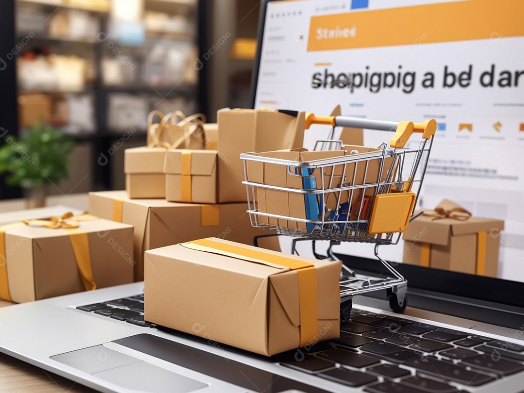 Caixas de embalagem de produtos e sacola de compras e carrinho na parte superior do laptop