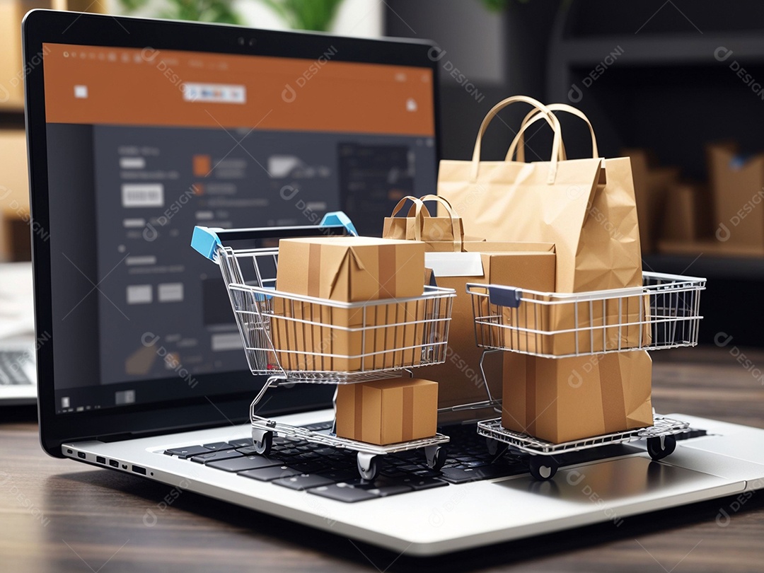 Caixas de embalagem de produtos e sacola de compras e carrinho na parte superior do laptop