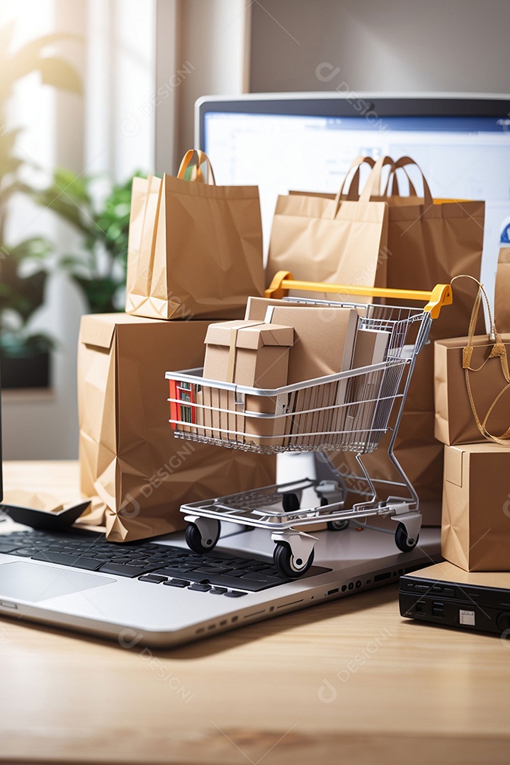 Caixas de embalagem de produtos e sacola de compras e carrinho na parte superior do laptop