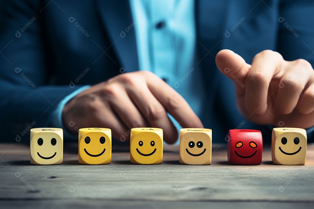 A mão escolhe um símbolo médico dos cuidados médicos dos ícones do emoticon no conceito do bloco de madeira