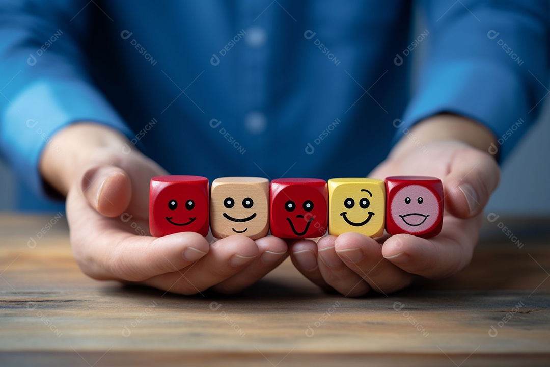 A mão escolhe um símbolo médico dos cuidados médicos dos ícones do emoticon no conceito do bloco de madeira