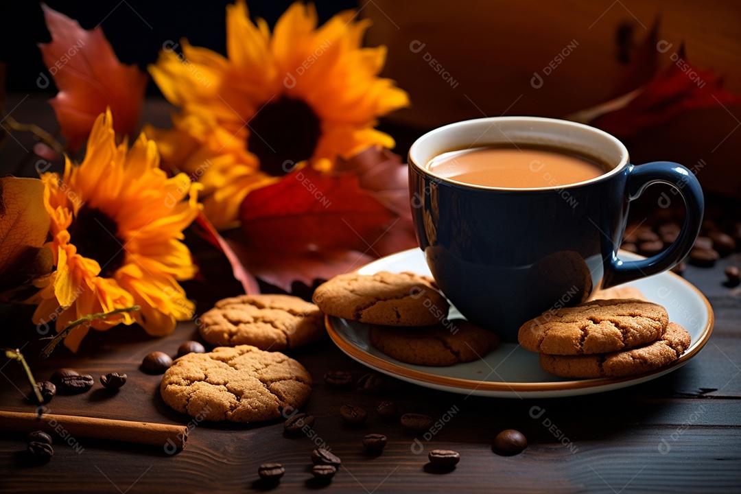 Xícara de café com especiarias sazonais de outono com abóboras e folhagem amarela em um fundo.