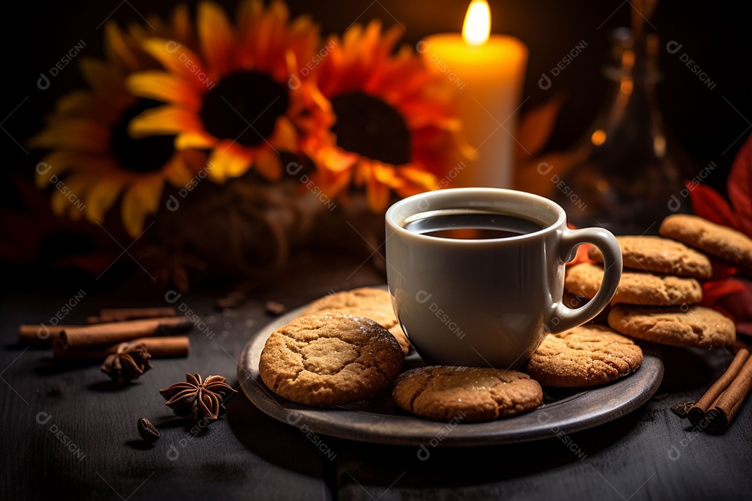 Xícara de café com especiarias sazonais de outono com abóboras e folhagem amarela em um fundo.