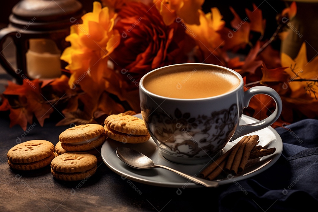 Xícara de café com especiarias sazonais de outono com abóboras e folhagem amarela em um fundo.