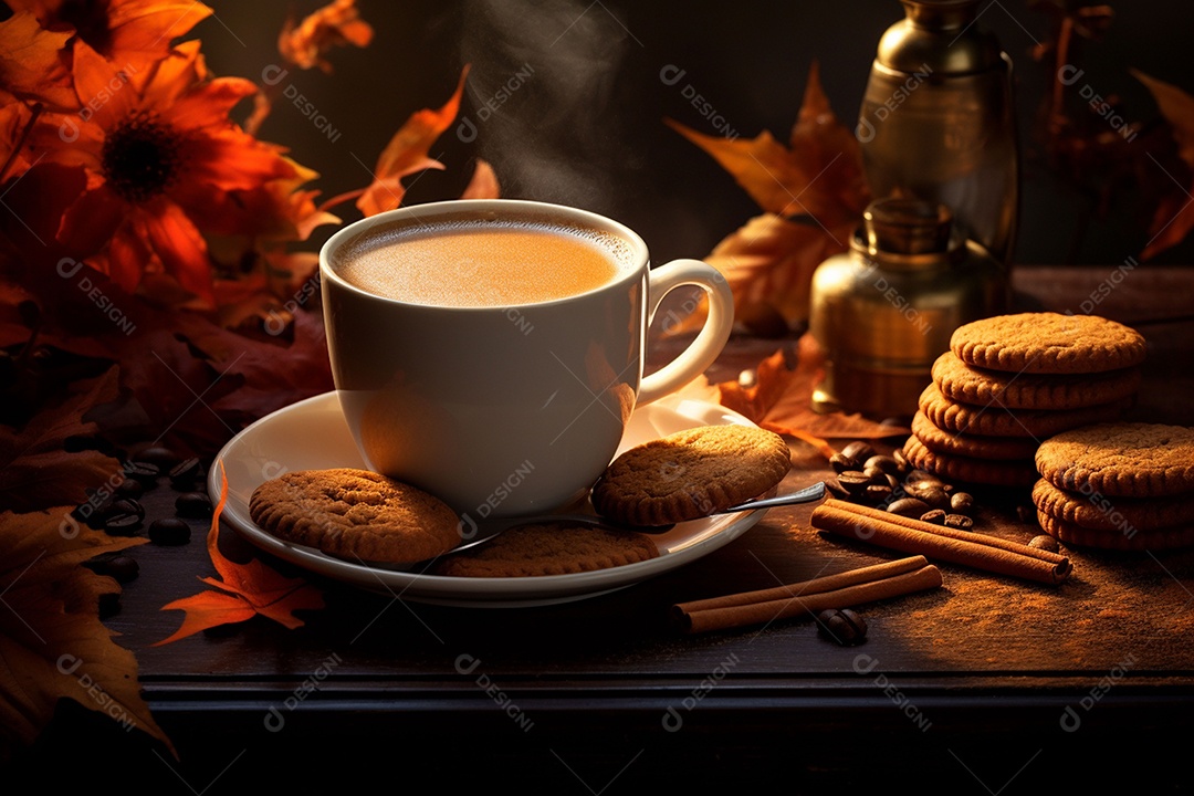 Xícara de café com especiarias sazonais de outono com abóboras e folhagem amarela em um fundo.