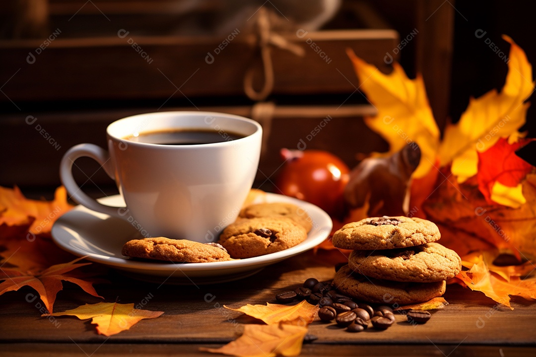 Xícara de café com especiarias sazonais de outono com abóboras e folhagem amarela em um fundo.