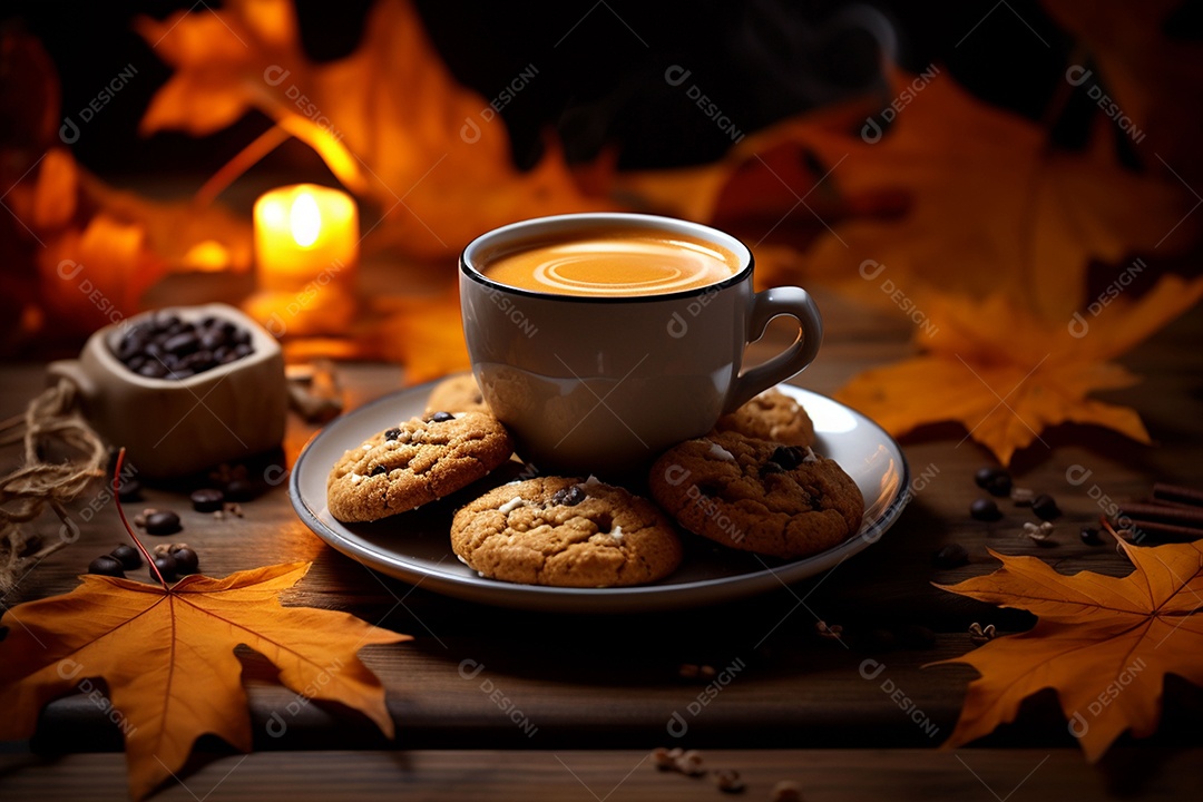 Xícara de café com especiarias sazonais de outono com abóboras e folhagem amarela em um fundo.