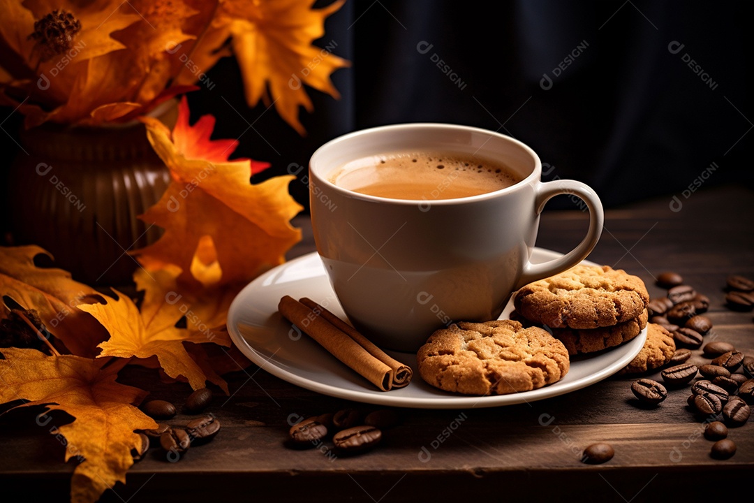 Xícara de café com especiarias sazonais de outono com abóboras e folhagem amarela em um fundo.