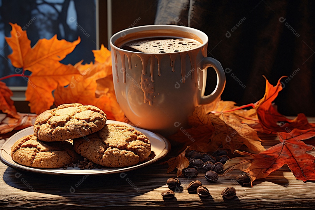 Xícara de café com especiarias sazonais de outono com abóboras e folhagem amarela em um fundo.