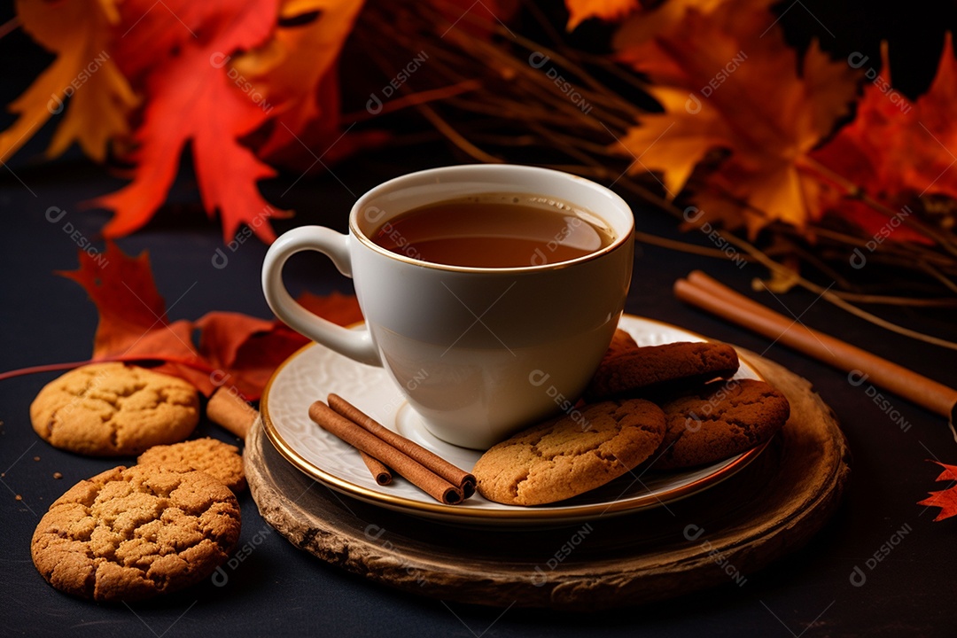 Xícara de café com especiarias sazonais de outono com abóboras e folhagem amarela em um fundo.