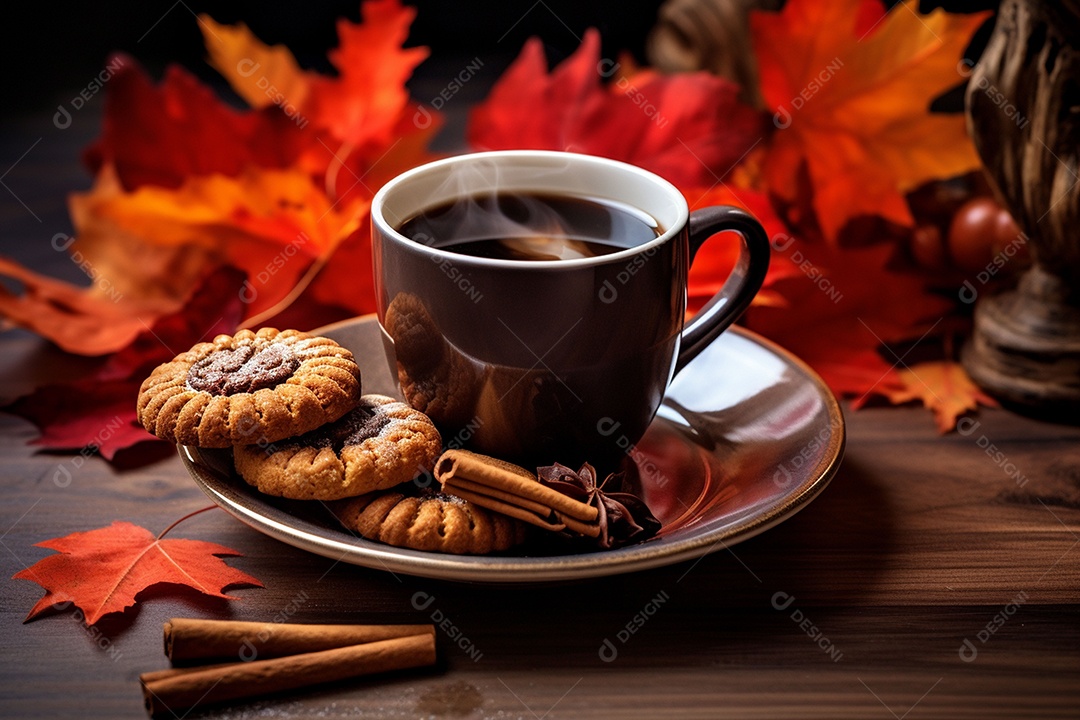 Xícara de café com especiarias sazonais de outono com abóboras e folhagem amarela em um fundo.