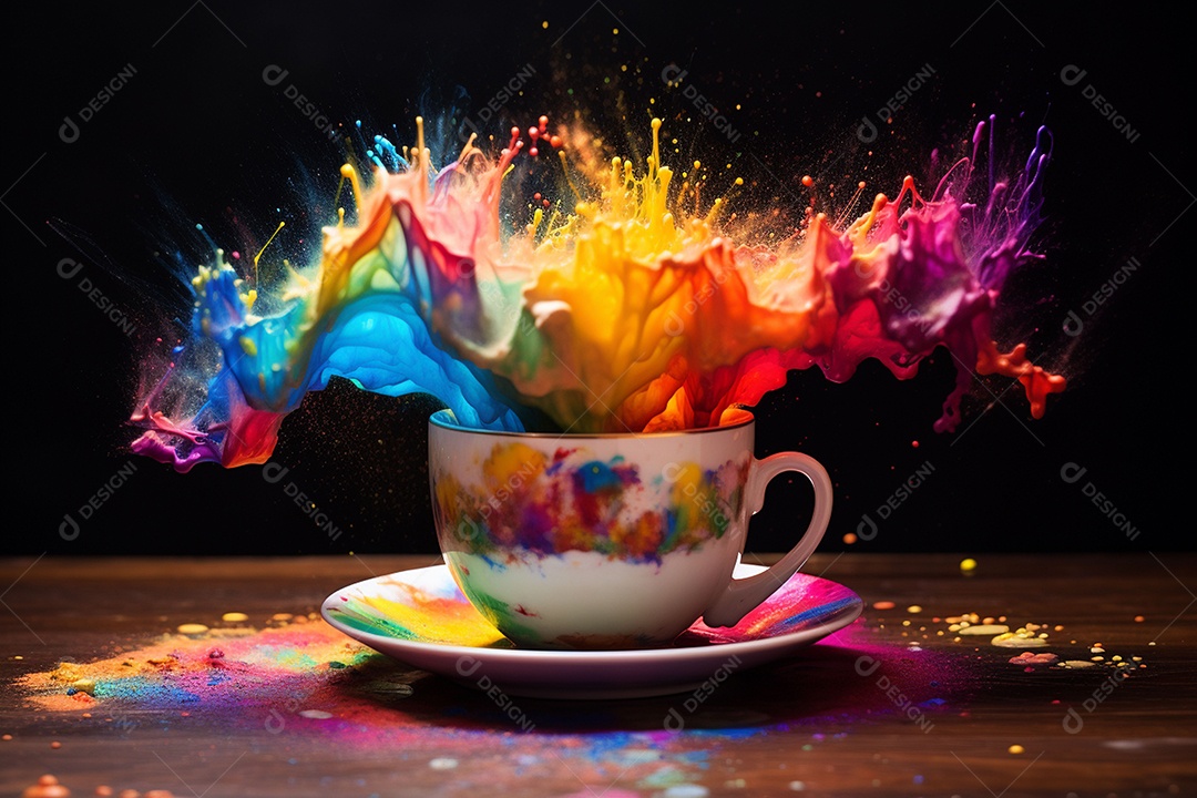 Explosão de arco-íris na xícara de café