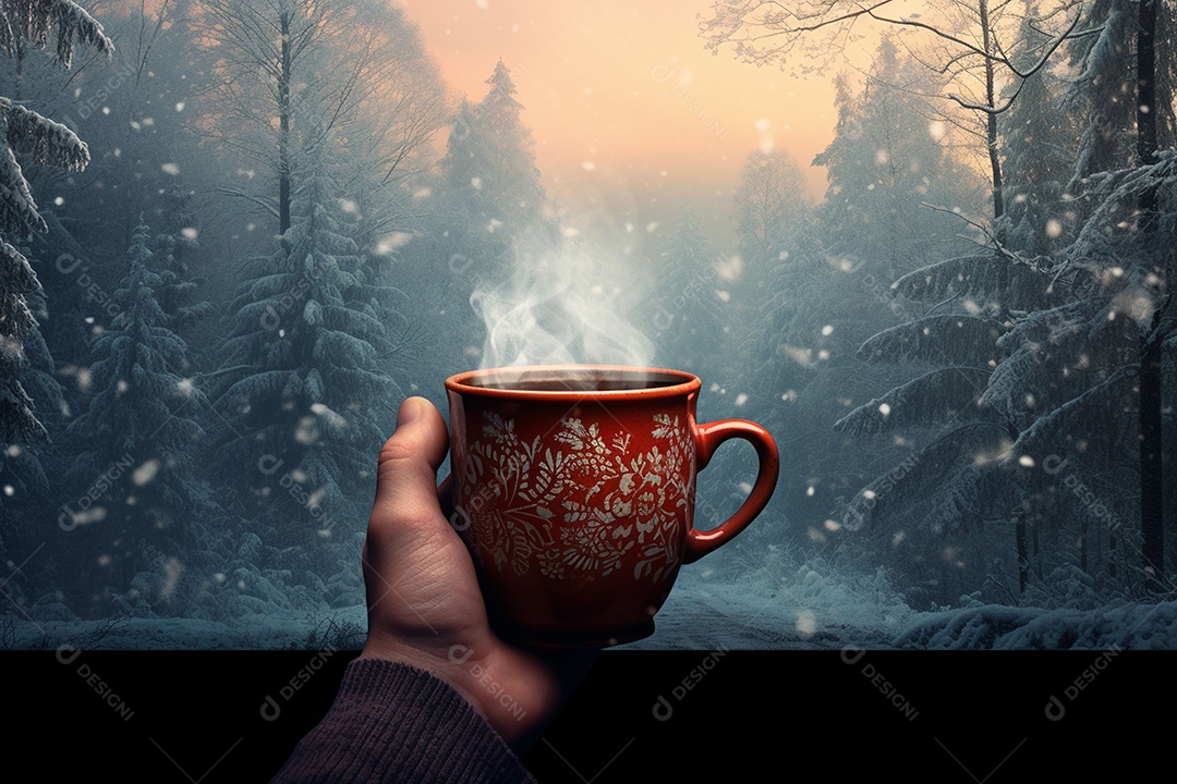 Uma imagem aconchegante com uma mão segurando uma xícara de café fumegante, tendo como pano de fundo vibrante uma floresta de inverno