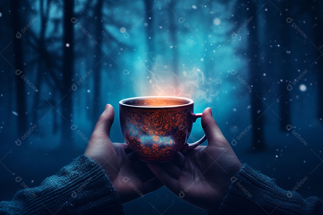 Uma imagem aconchegante com uma mão segurando uma xícara de café fumegante, tendo como pano de fundo vibrante uma floresta de inverno