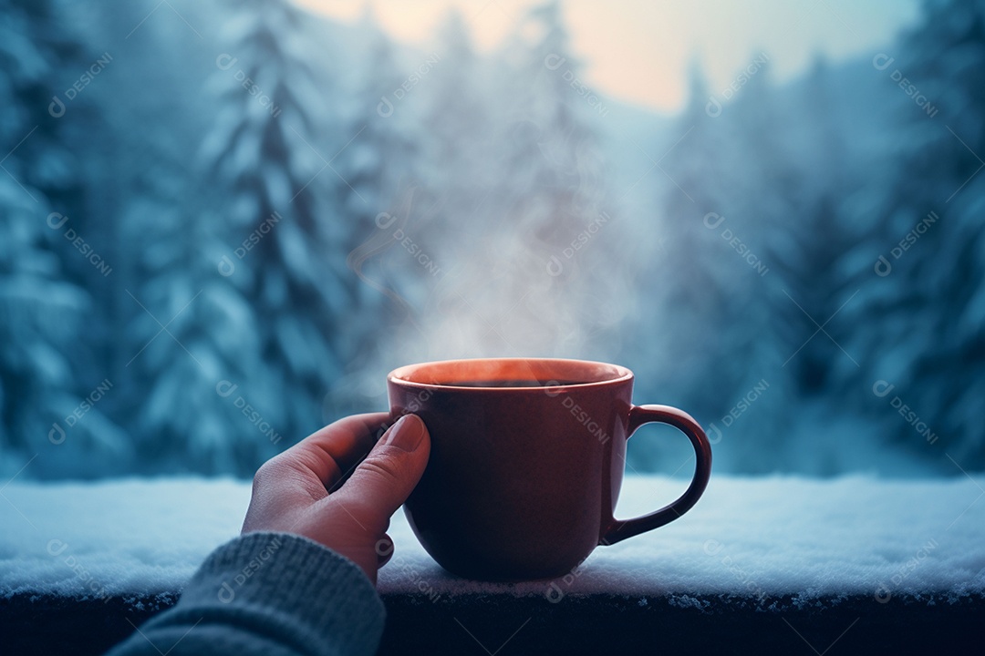 Uma imagem aconchegante com uma mão segurando uma xícara de café fumegante, tendo como pano de fundo vibrante uma floresta de inverno