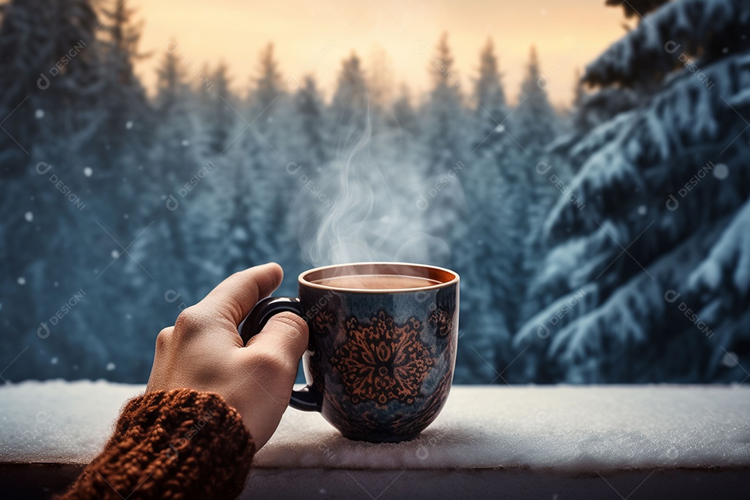 Uma imagem aconchegante com uma mão segurando uma xícara de café fumegante, tendo como pano de fundo vibrante uma floresta de inverno